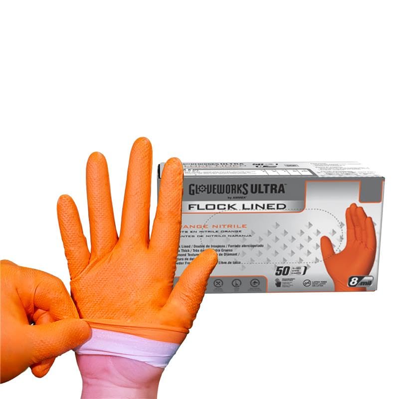 GLOVEWORKS Industrial Orange Disposable Gloves, Flock-Lined Nitrile Gloves, Raised Diamond Texture, 8 mil, Large, Box of 50