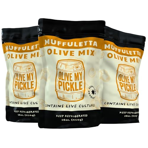 Olive My Pickle Muffuletta Olive Mix - 48 Ounces | 3 Pack Bundle of Healthy Live Culture Muffuletta Mix Olives for Gut Health | Perfect Snack
