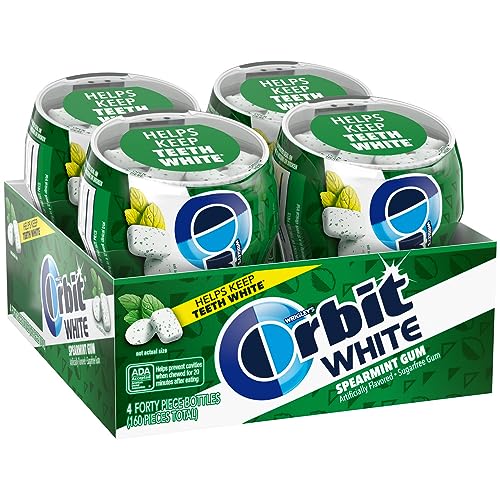 ORBIT WHITE Spearmint Sugar Free Mint Sugarless Fresh Breath Chewing Gum, 40 Piece Resealable Bottle (Pack of 4)