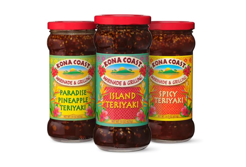 Kona Coast Variety Pack (3 Pack) | Paradise Pineapple Teriyaki Marinade & Grilling Sauce 15 oz, Island Marinade 15 oz & Spicy 14.5 oz