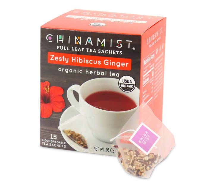 China Mist Zesty Hibiscus Ginger Organic Herbal Tea, 15 tea satchets