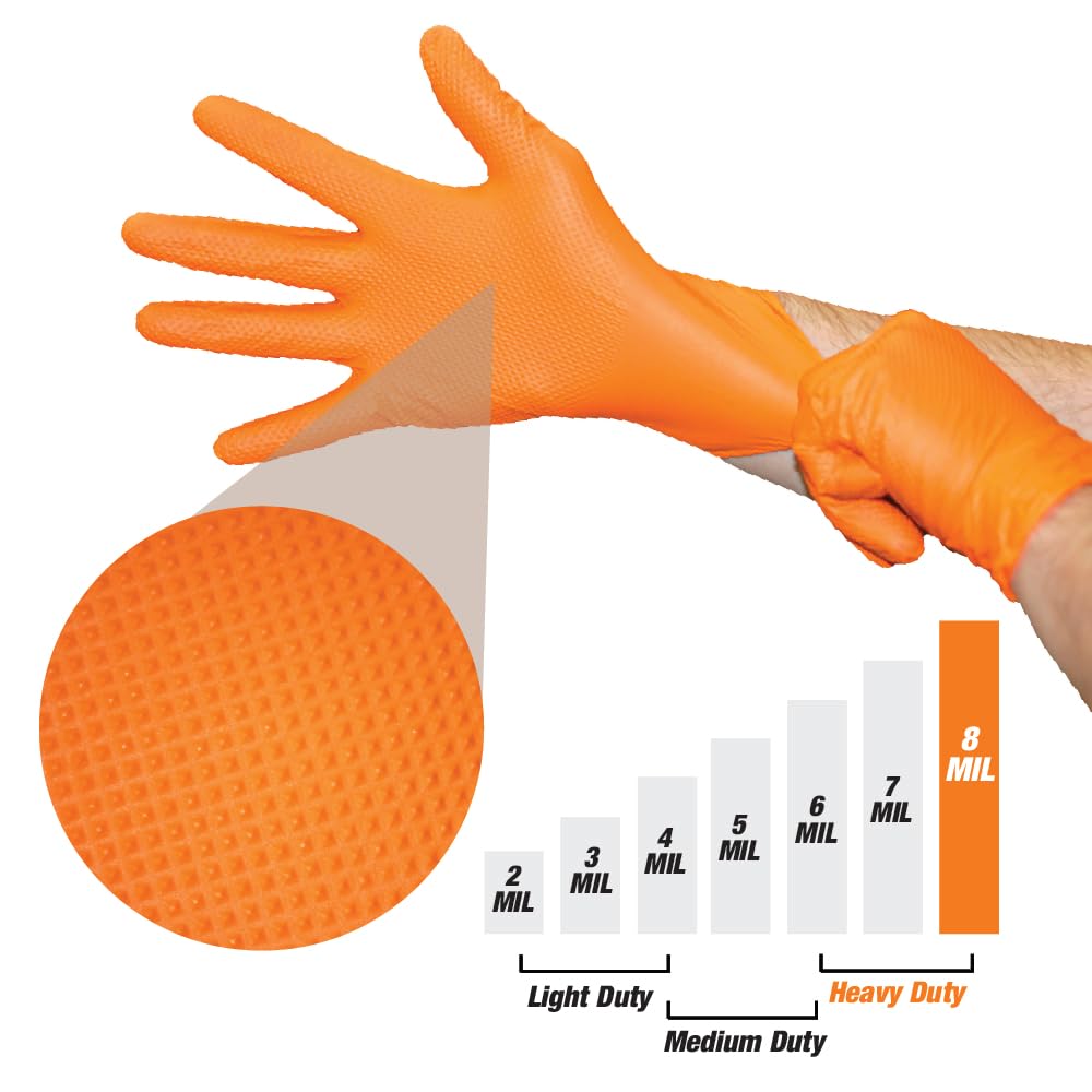 LAUCO Heavy Duty 8-Mil Industrial Orange Nitrile Gloves with Raised Diamond Texture, Large, Latex Free, Powder Free, Pack of 100 (1 Box) 87285