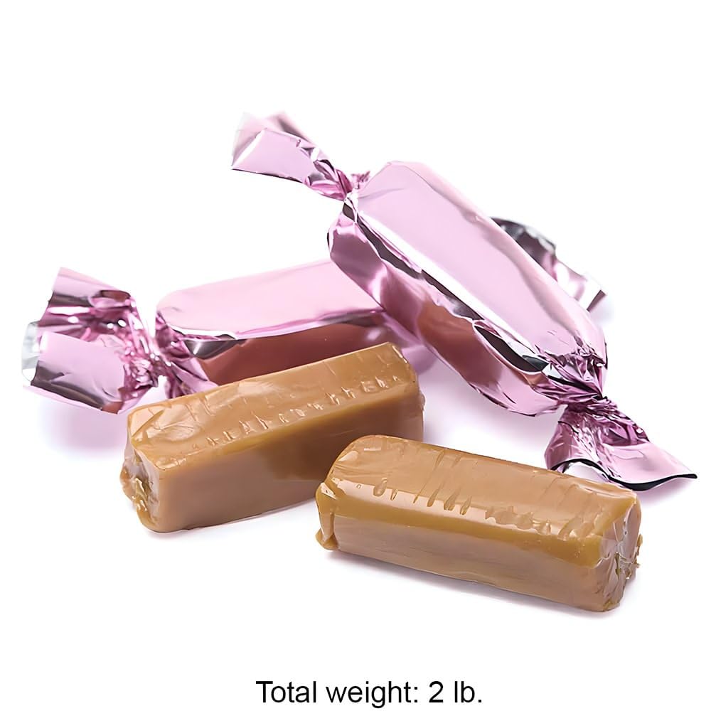 Fun Express Light Pink Foil Wrapped Caramels Candy Bulk 2lb Bag - Soft Chewy Caramel Chews Individually Wrapped for Wedding Candy Buffet | Premium