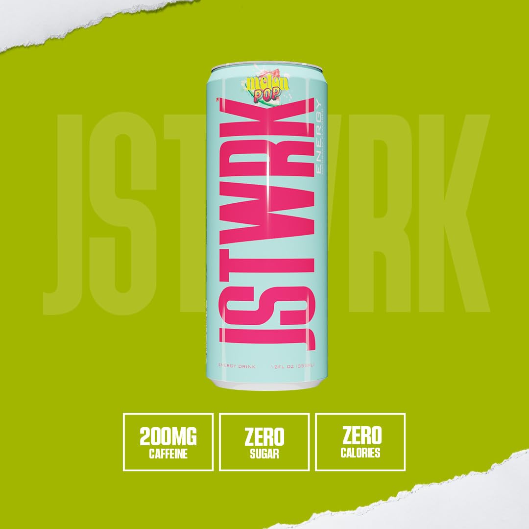 JST WRK Energy Drink - 12-Pack, Sugar-Free, Zero Calories, No Sugar Alcohols, 12 Fl Oz., 200 milligrams Caffeine (Melon Pop)