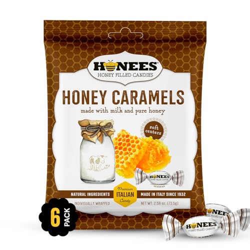 Honees Honey Caramels Hard Candy Individually Wrapped | Natural & Healthy Candy, Italian Made with Milk & Pure Honey, 6 Pack (17.1 oz)