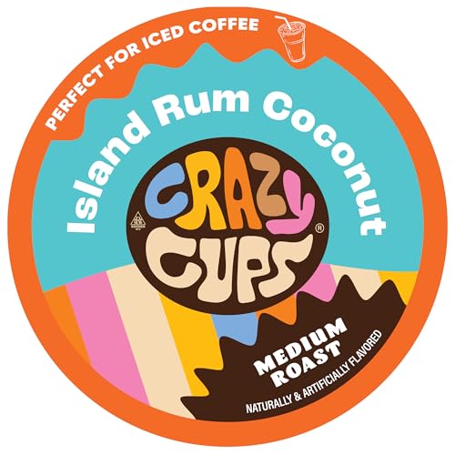 Crazy Cups Flavored Coffee Pods, Island Rum Coconut Single Serve Coffee Cups for K Cup Keurig Machines, Brew Hot or Iced, 22 Count