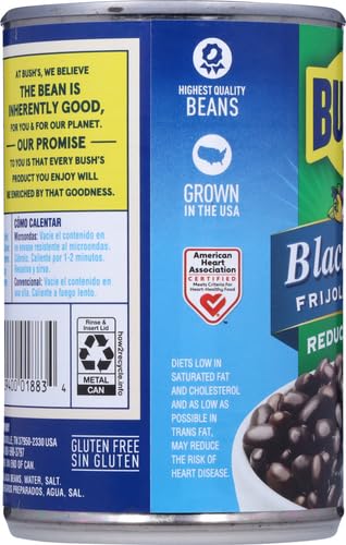 Bush's Best Reduced Sodium Black Beans, Source Of Plant Based Protein And Fiber, Low Fat, Gluten Free, 16 oz