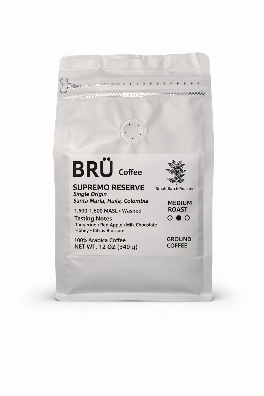 BRÜ Coffee Colombian Ground Coffee - Medium Roast - Single Origin - Huila High Elevation - 100% Arabica - Washed