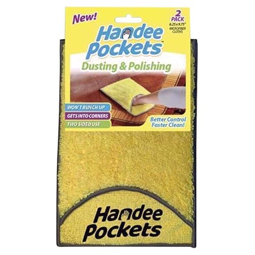 HANDEE Pockets Dusting & Polishing Microfiber Cleaning Cloths with Built-in Pockets, 6.25 in. W x 9.75 in. L, 2 Pack - Ultra Absorbent, Reusable