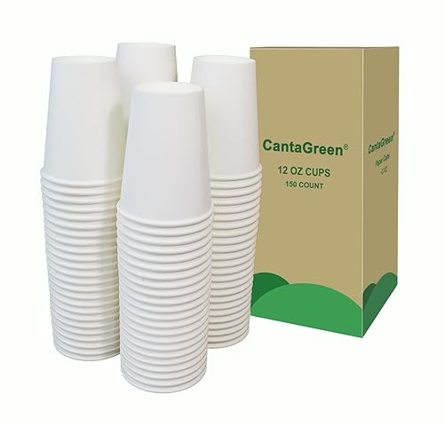 CantaGreen 150 Count 12 OZ Heavy-duty Paper Coffee Cups, White Disposable Cup for Hot and Cold Beverage