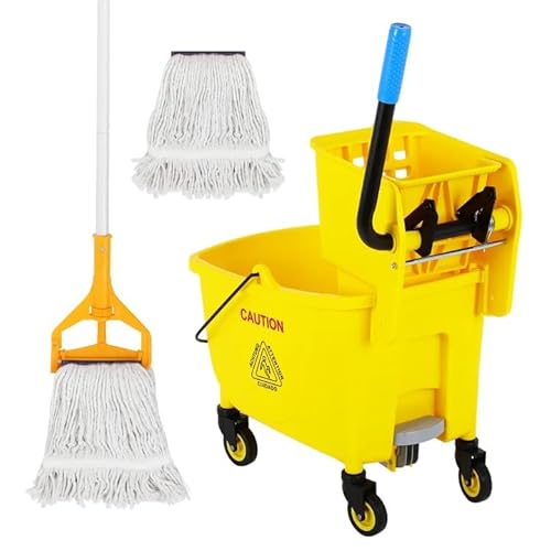 35 Qt Commercial Mop Bucket with Side Press Wringer on Wheels, Mop and Bucket Set, Add One Industrial Mop and One Mop Head Replacement