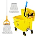 35 Qt Commercial Mop Bucket with Side Press Wringer on Wheels, Mop and Bucket Set, Add One Industrial Mop and One Mop Head Replacement