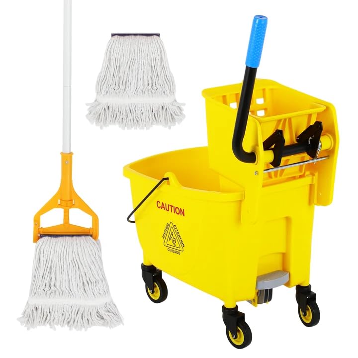 35 Qt Commercial Mop Bucket with Side Press Wringer on Wheels, Mop and Bucket Set, Add One Industrial Mop and One Mop Head Replacement