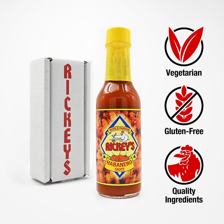 RICKEY'S World Famous Habanero Sauce, Gourmet Hot Sauce with Aged Habanero Peppers, Distilled Vinegar, Salt, Vegetable Blend, Lime Juice, Granulated