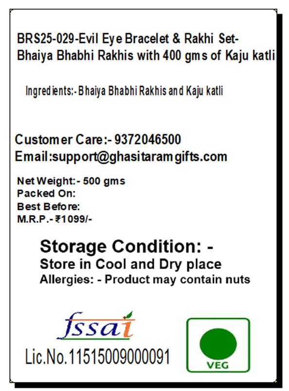 Ghasitaram Gifts Jaiccha Rakhi for Brother Rakhis Online - BRS25-029-Evil Eye Bracelet & Rakhi Set- Bhaiya Bhabhi Rakhis with 400 gms of Kaju katli