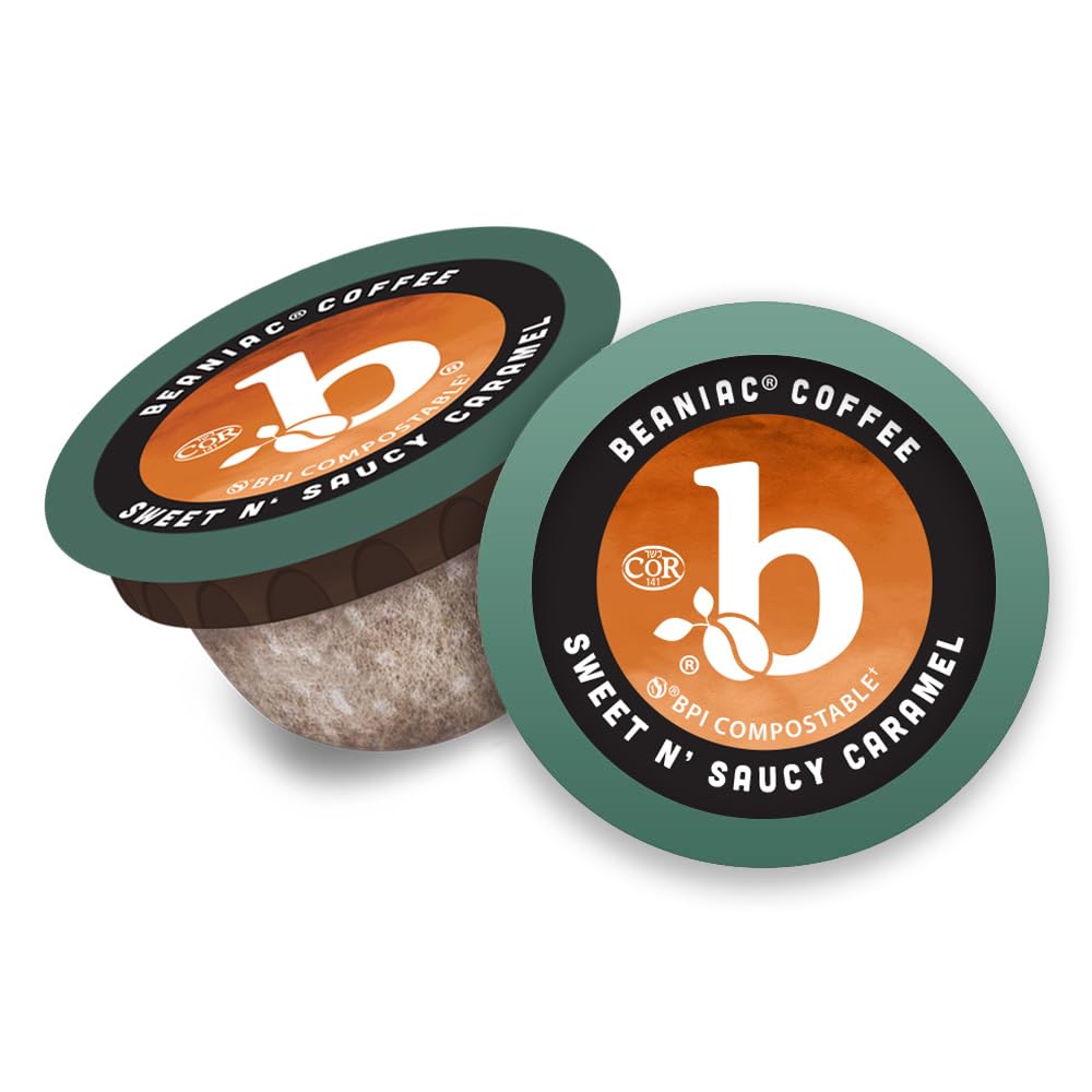 beaniac Sweet n' Saucy Caramel, Flavored Light Roast, Single Serve Compostable K Cup Coffee Pods, Arabica Coffee with Natural Flavors, Keurig Brewer