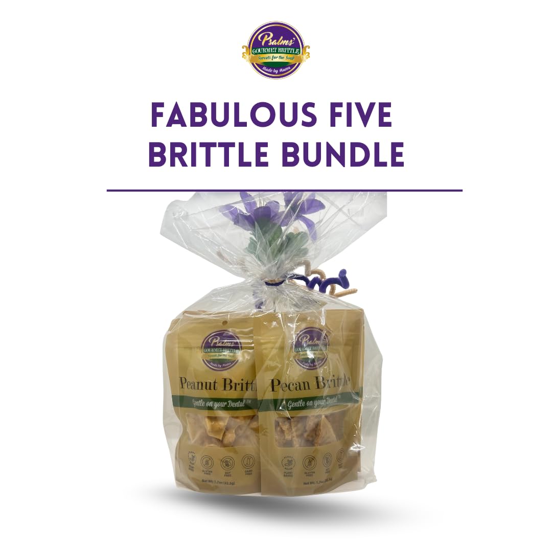 Psalms Brittle Fabulous Five Bundle | Pecan, Peanut and Mixed Nuts Brittle | Gluten Free, Light and Crispy, Teeth Friendly, Homemade Brittle