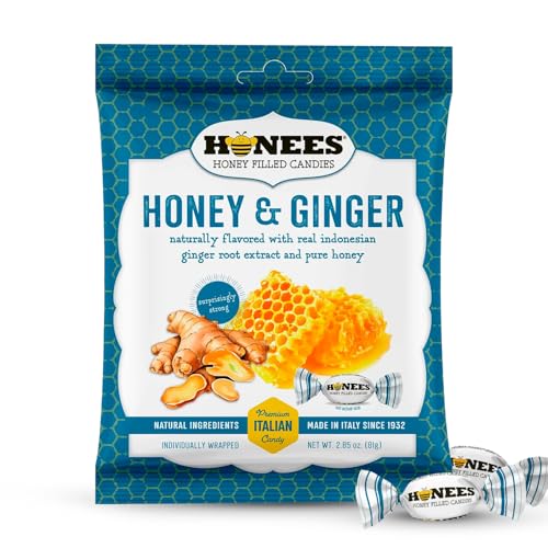 Honees Honey & Ginger Hard Candy Individually Wrapped | Natural & Healthy Candy, Italian Made with Real Honey & Indonesian Ginger, 1 Pack (2.85 oz)