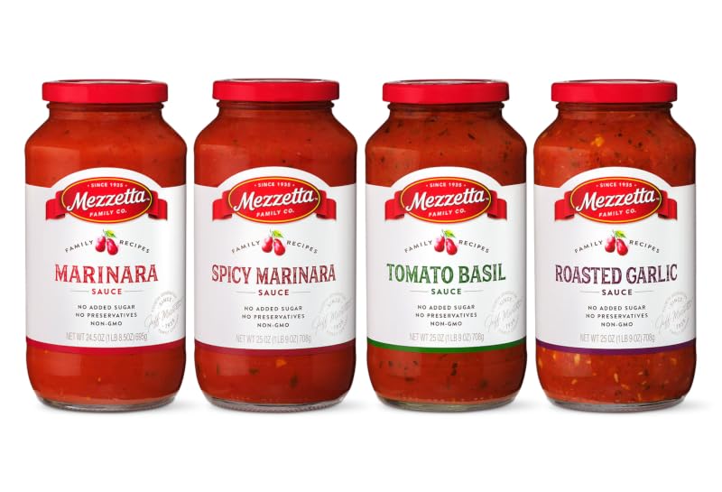 Mezzetta Family Recipes Sauce Combo (4 Pack) | Marinara 24.5 oz, Spicy Marinara 25 oz, Tomato Basil 25 oz, Roasted Garlic 25 oz