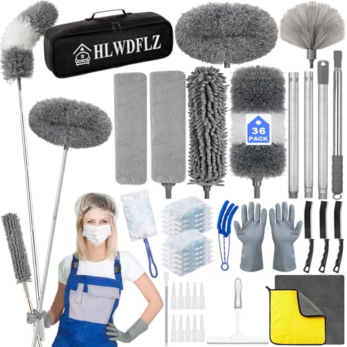 HLWDFLZ Microfiber Duster Kit 36pcs with 30 to 100 in Extension Pole and Ceiling Fan Cleaner Duster, Washable and Bendable Feather Duster for Cleaning