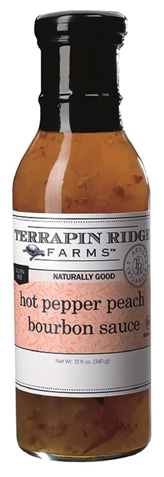 Terrapin Ridge Farms Hot Pepper Peach Bourbon Sauce - Sweet & Spicy Gourmet Glaze and Topping - 12 Fl Oz Bottle