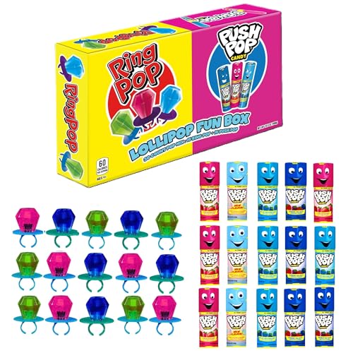 Bazooka Brands Candy Variety Pack, 30 Ct Bulk Individually Wrapped Hard Candy in Assorted Flavors from Push Pop and Ring Pop, Full Size, Fun Bulk