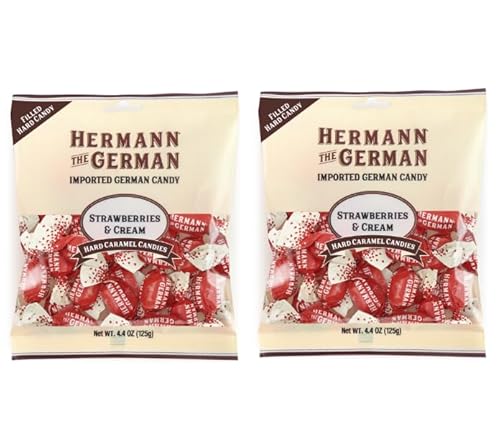 Hermann The German® Strawberries & Cream Hard Caramel Filled Wrapped Candy Peggable Bag - Caramel Candy | Strawberries & Cream Filled German Hard