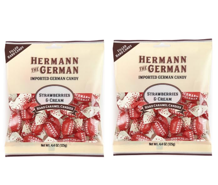 Hermann The German® Strawberries & Cream Hard Caramel Filled Wrapped Candy Peggable Bag - Caramel Candy | Strawberries & Cream Filled German Hard