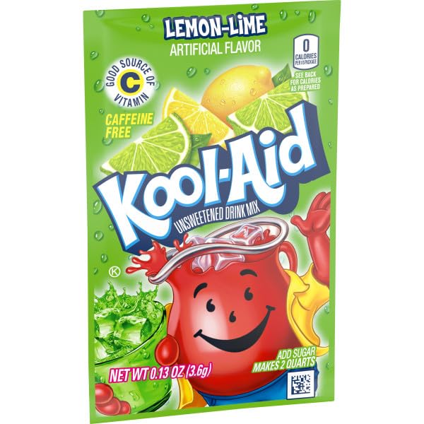 Kool-Aid Unsweetened Lemon Lime Artificially Flavored Powdered Soft Drink Mix, 0.13 oz Packet (Pack of 48)