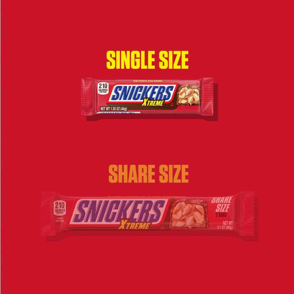 SNICKERS Xtreme Peanut and Caramel Chocolate Extra Peanuts, Extra Caramel Candy Bar, 1.55 Oz Single Bar, 24 Count