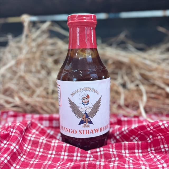 4 J's NVR Specialty sauce, Mango Strawberry,16 oz, Small Batch, NO thickeners or preservatives, Gluten Free, Vegetarian, Fruit Based Sauce