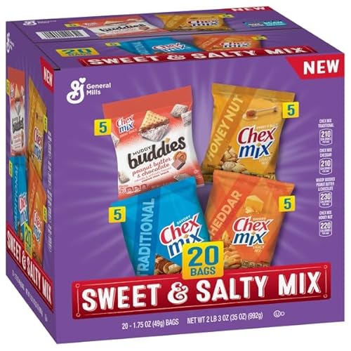 Sweet and Salty Snack Variety Pack, Muddy Buddies Peanut Butter and Chocolate, Chex Mix Traditional, Cheddar, and Honey Nut, 20 Ct, 35 oz