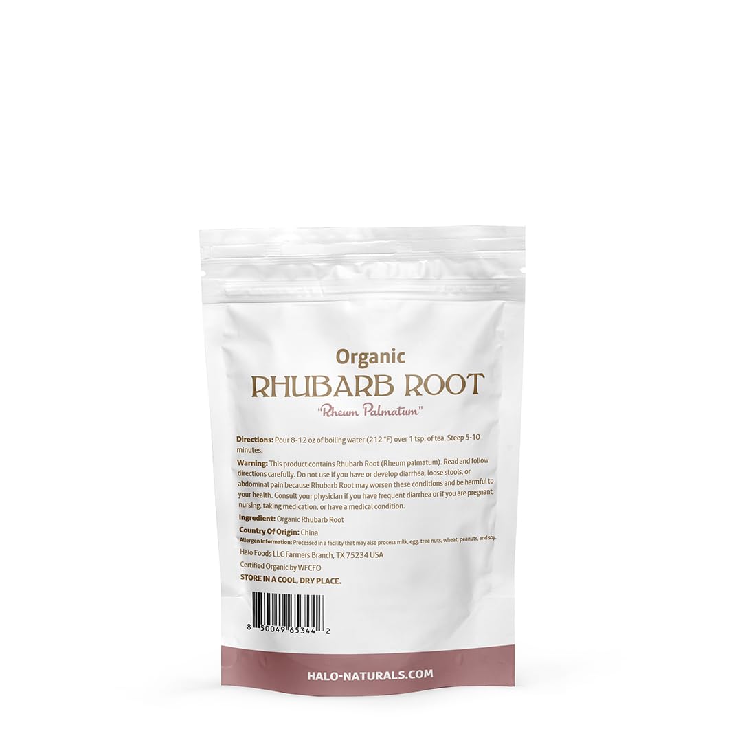 Halo Naturals Organic Rhubarb Root Cut & Sifted, 4 Ounces (Rheum palmatum) USDA Certified | Resealable Pouch| Packaged in The USA