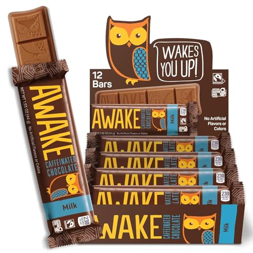 Awake Caffeinated Chocolate Bars - Milk Chocolate, 12 Bars - 100mg Caffeine - 1 Bar Equals 1 Cup of Coffee - Individually Wrapped Energy - Fairtrade