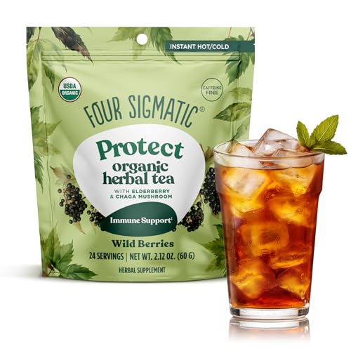 Four Sigmatic Protect Organic Herbal Tea | Immunity Tea w/Chaga & Adaptogens | Organic Chaga Tea w/Antioxidant-Rich Cherry, Elderberry & Blueberry |