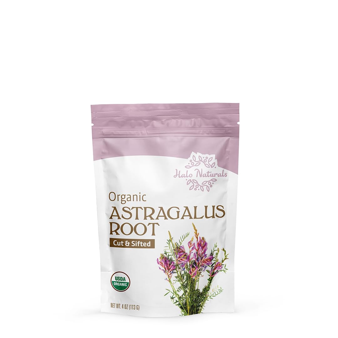 Halo Naturals Organic Astragalus Root Cut & Sifted, 4 Ounces (Astragalus membranaceus) USDA Certified | Resealable Pouch| Packaged in The USA