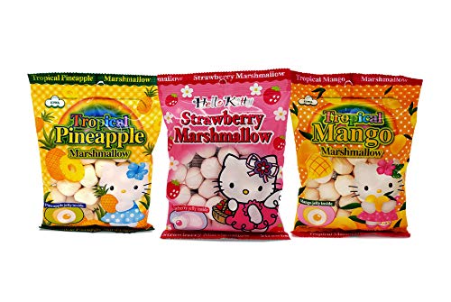 Eiwa Hello Kitty Jelly Marshmallow - Strawberry, Mango, Pineapple - 3-Pack( 3.1-Ounce, Total 9.3) - Japanese Style Marshmallows.
