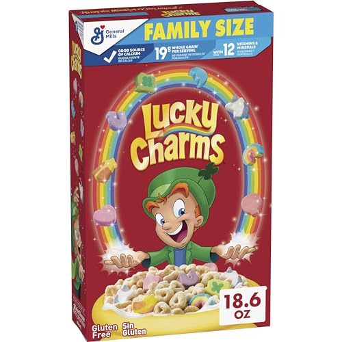 Lucky Charms Gluten Free Cereal with Marshmallows, Kids Breakfast Cereal, Made with Whole Grain, Family Size, 18.6 oz