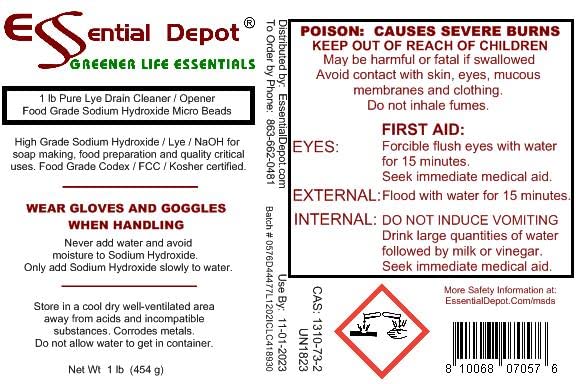 Essential Depot 1 lb Food Grade Sodium Hydroxide Lye Evenly-Sized Micro Pels (Beads or Particles) - 1 lb Bottle - Lye Drain Cleaner - HDPE Container