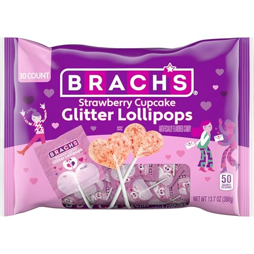 Brach’s Strawberry Cupcake Glitter Lollipops, Valentine's Day Candy, Individually Wrapped, 30 count