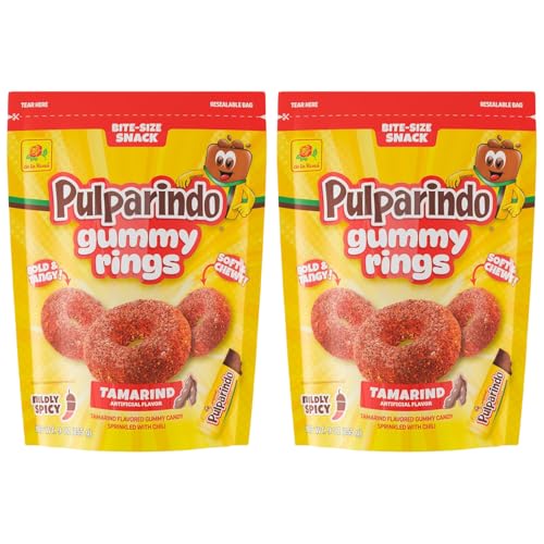 De la Rosa Pulparindo Gummy Rings Candy 9oz Bag (2 Pack) - Mildly Spicy Soft & Chewy Mexican Candy, Bite-Size Snack, Watermelon, Tamarind or Mango