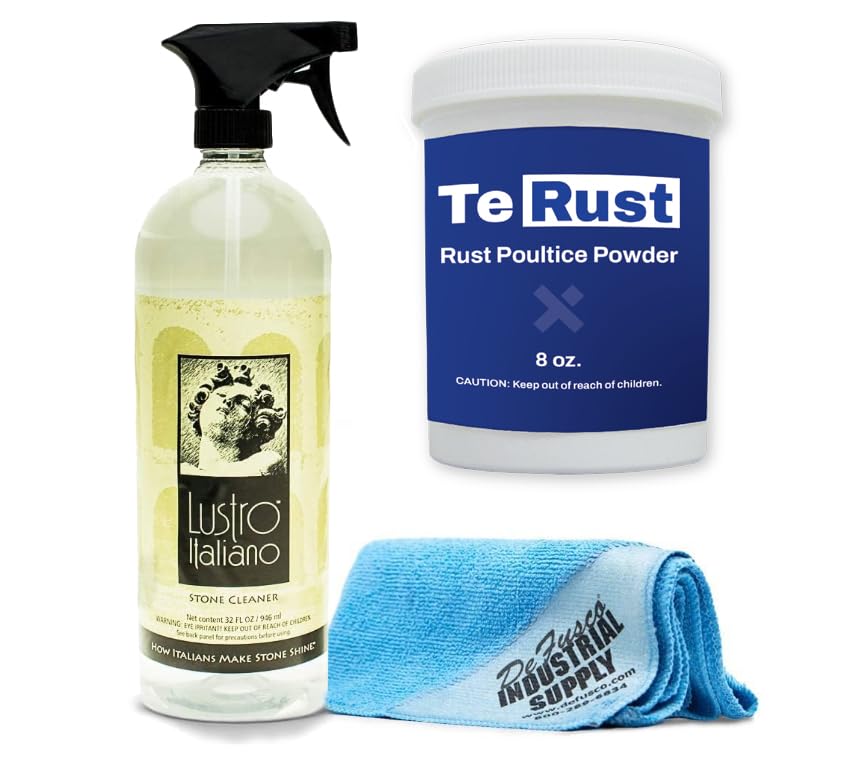 Tenax TeRust Rust Remover 8 oz - Remove Rust Stains Out of Granite and Marble - Lustro Italiano Counter top Cleaner 32oz - 16x16 Microfiber Cloth