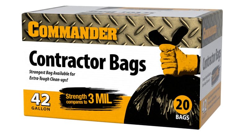 Commander 42 Gallon 3 MIL Black Contractor Bags With Hand Tie - 32" x 44" - Pack of 20 - For Industrial, Commercial, Janitorial, & Construction