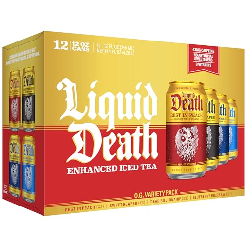 Liquid Death Iced Tea - O.G. Variety, Less Sugar*, Boost of Caffeine, B Vitamins, No Artificial Sweeteners, 4 Flavors: Tea/Lemonade, Rest in Peach