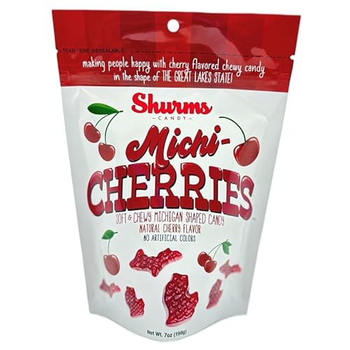 Michi-Cherries Shurms Michigan Shaped Fruit Flavored Gummy Candy, Natural Cherry Flavor, No Artificial Colors - 7oz Bag