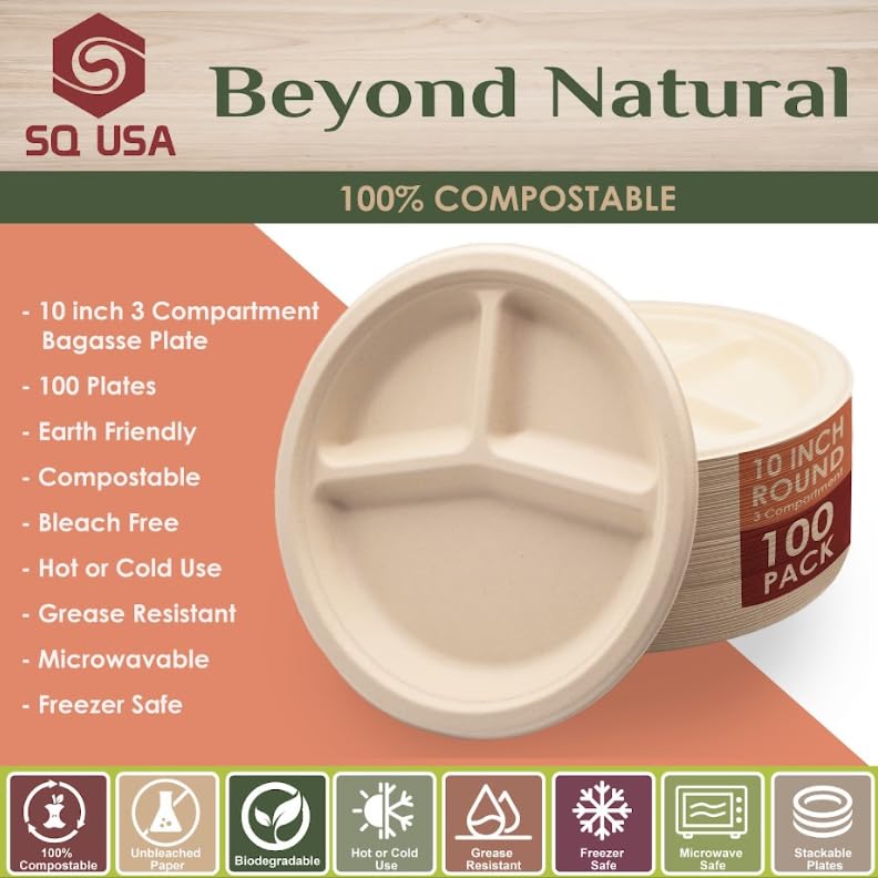 SQ USA 10 Inch Paper Plates, 3-Compartment -100 Pack, [BPI Certified], 100% Compostable, Biodegradable, Heavy Duty, Eco-Friendly Made of Bagasse…