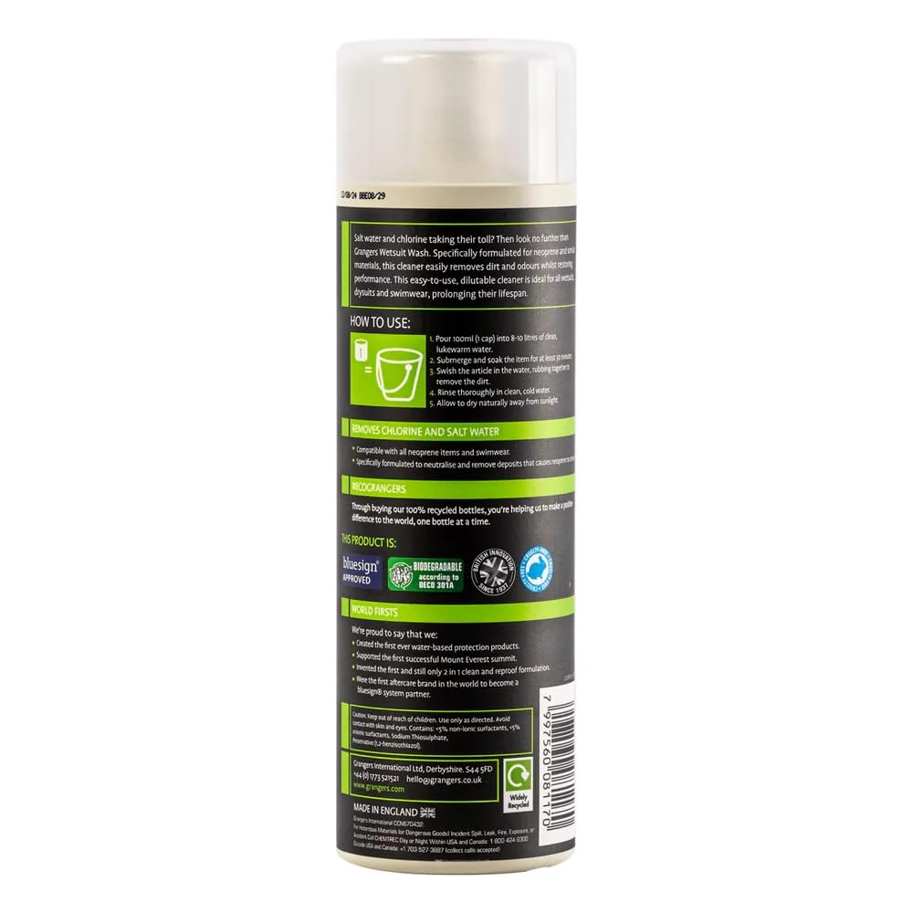 Grangers Wetsuit Wash, 500ml - Powerful Neoprene Cleaner and Odor Eliminator for Wetsuits, Drysuits, and Swimwear - Removes Salt and Chlorine