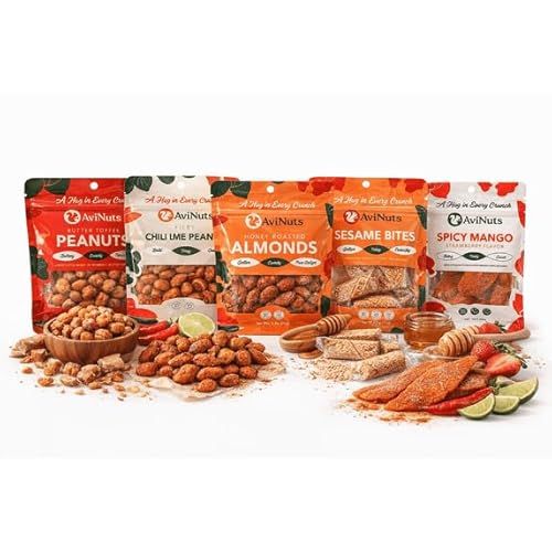 AviNuts Gourmet Snack Gift Box, Assorted Nut and Sesame Variety, Butter Toffee Peanuts, Chili Lime Peanuts, Sesame Seed Bites and Honey Roasted
