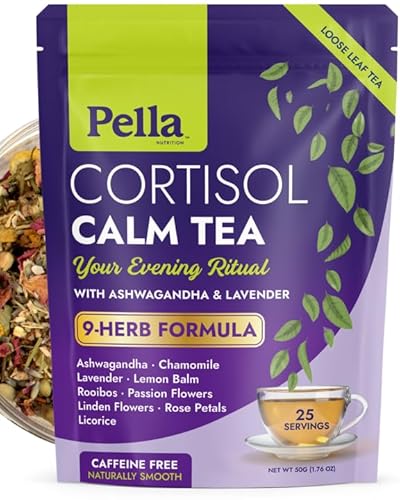 Cortisol Calm Tea - 9-Herb Relaxation Formula - Ashwagandha Chamomile Lavender Lemon Balm Rooibos Passion Flowers Linden Flowers Rose Licorice - Vegan