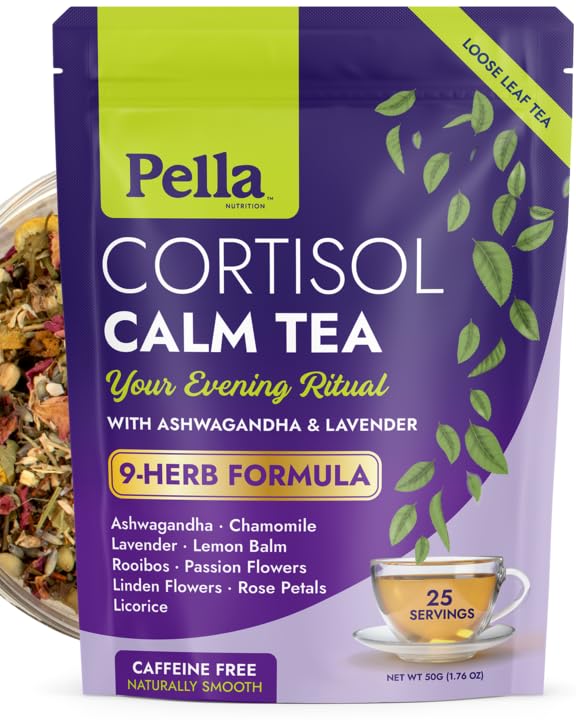 Cortisol Calm Tea - 9-Herb Relaxation Formula - Ashwagandha Chamomile Lavender Lemon Balm Rooibos Passion Flowers Linden Flowers Rose Licorice - Vegan